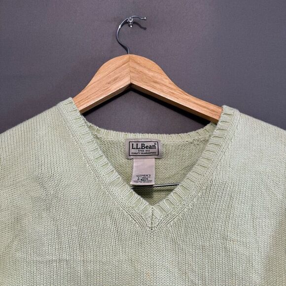 L.L.Bean Women’s 100% Cotton V-Neck Sweater Size Large Green Yellow Color - Picture 2 of 12